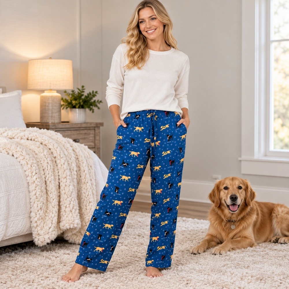 L.L.Bean Women's S Regular Flannel Pajama Pants Blue Dog Print 100% Cotton